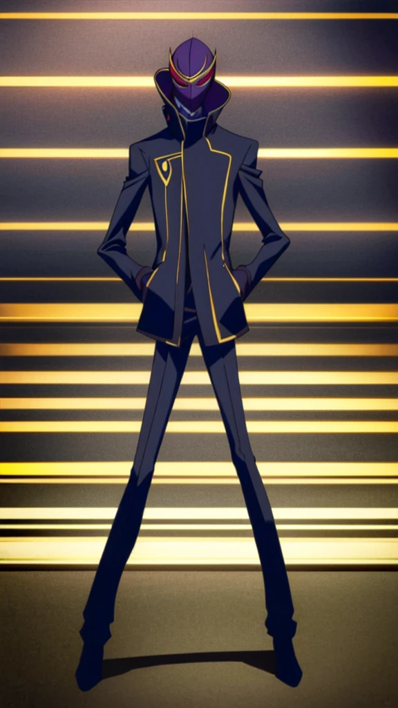 Male, teenager, vigilante, wearing dark clothes, a coat, and a mask, athletic build, hands in pockets, standing at attention, nighttime setting, lone figure, facing viewer, fully in frame, full body shot, Code Geass style, codeGeass, CODEGEASS