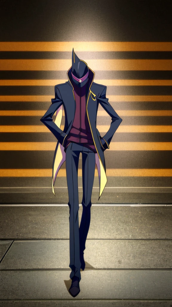 Male, teenager, vigilante, wearing dark clothes, a coat, and a mask, athletic build, hands in pockets, standing at attention, nighttime setting, lone figure, facing viewer, fully in frame, full body shot, Code Geass style, codeGeass, CODEGEASS