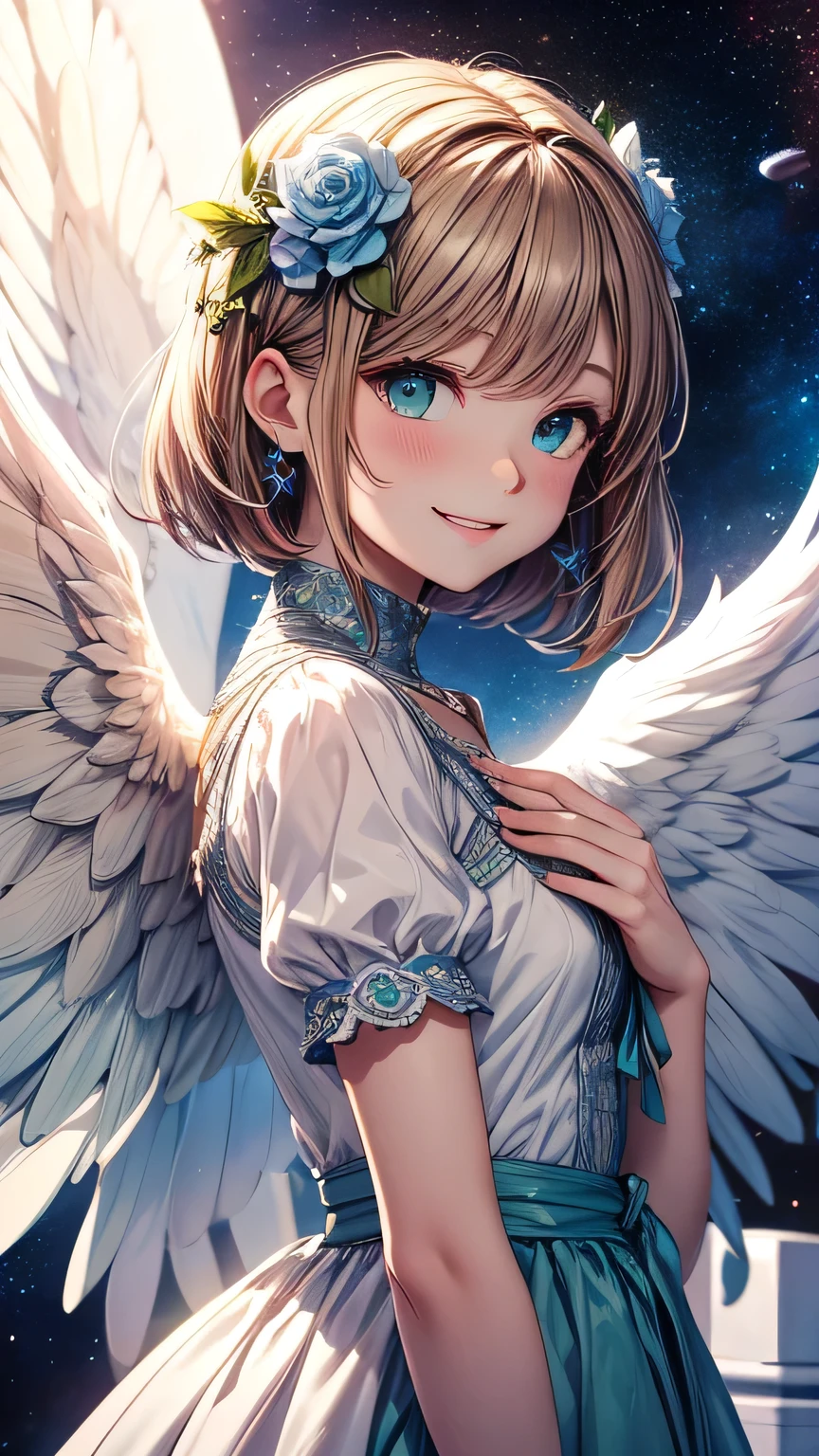 Highest quality, Pastel drawing, Serene atmosphere, Twin Angels, White Wings, Laughing happily, Brown short hair in various colors, Blue-eyed person, Green-eyed person, Dresses in different colors, Flower Hair Ornaments, Upper Body, Looking at the audience, space, meteor, Light,