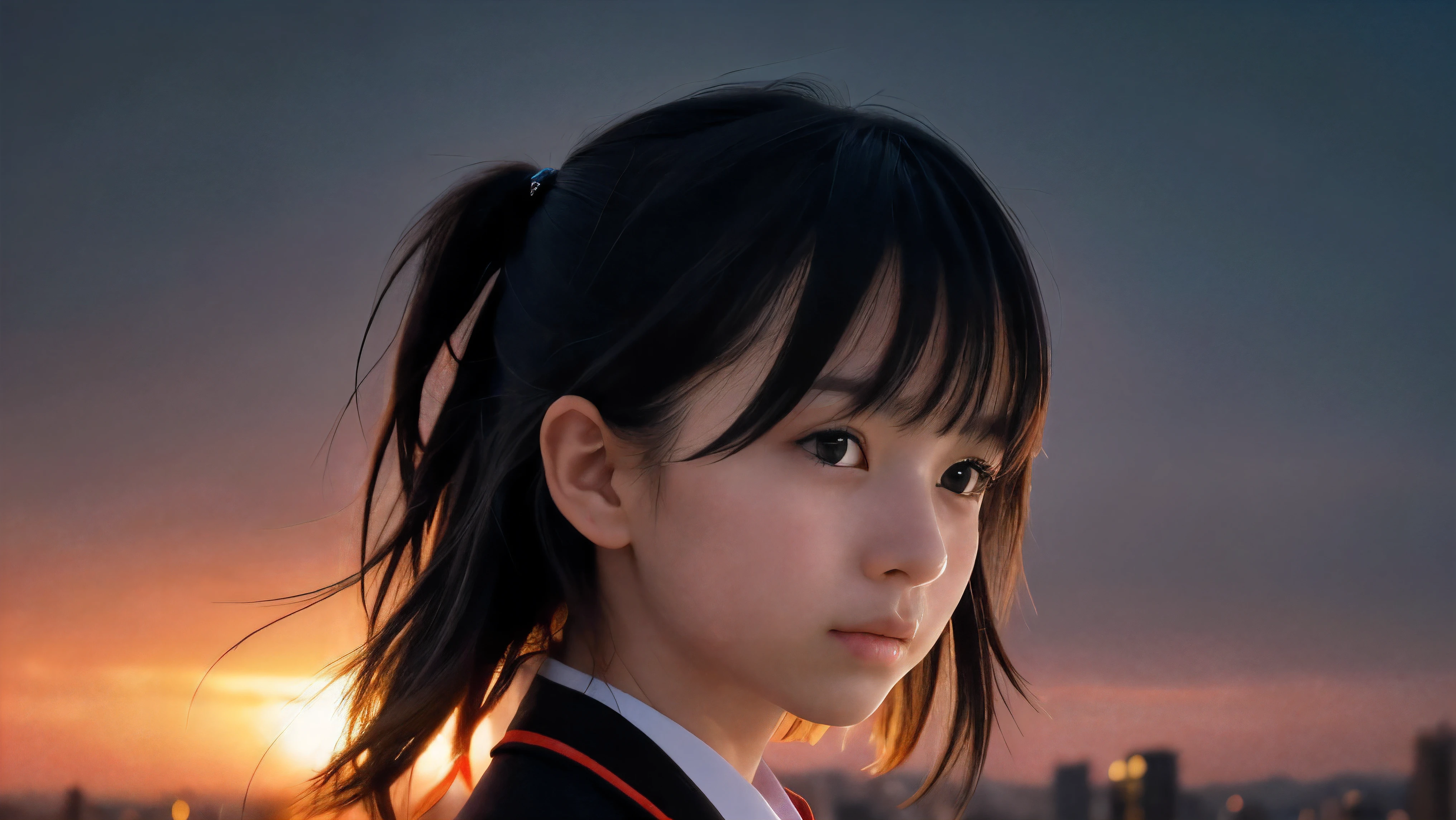 (Close up profile shot of one slender small breasts two side up black medium hair bangs girl with crying face in long sleeves black school uniform:1.5)、(One girl is looking at sunset red sky with her face is reflected sunset light and her hair is blowing in long sleeves black school uniform:1.5)、(Beautiful red sunset sky at skyscraper city landscape:1.5)、(8k ultra detailed master piece:1.5)、(Natural lighting:1.5)、(perfect anatomy:1.5)、(Photorealistic stick:1.5)、(Raw photo:1.3)、(highest quality:1.5)、(High resolution:1.3)、(Delicate and beautiful perfect face:1.3)、(Delicate and beautiful eye air skin:1.3)、(Real Human Skin:1.3)、((thin legs))