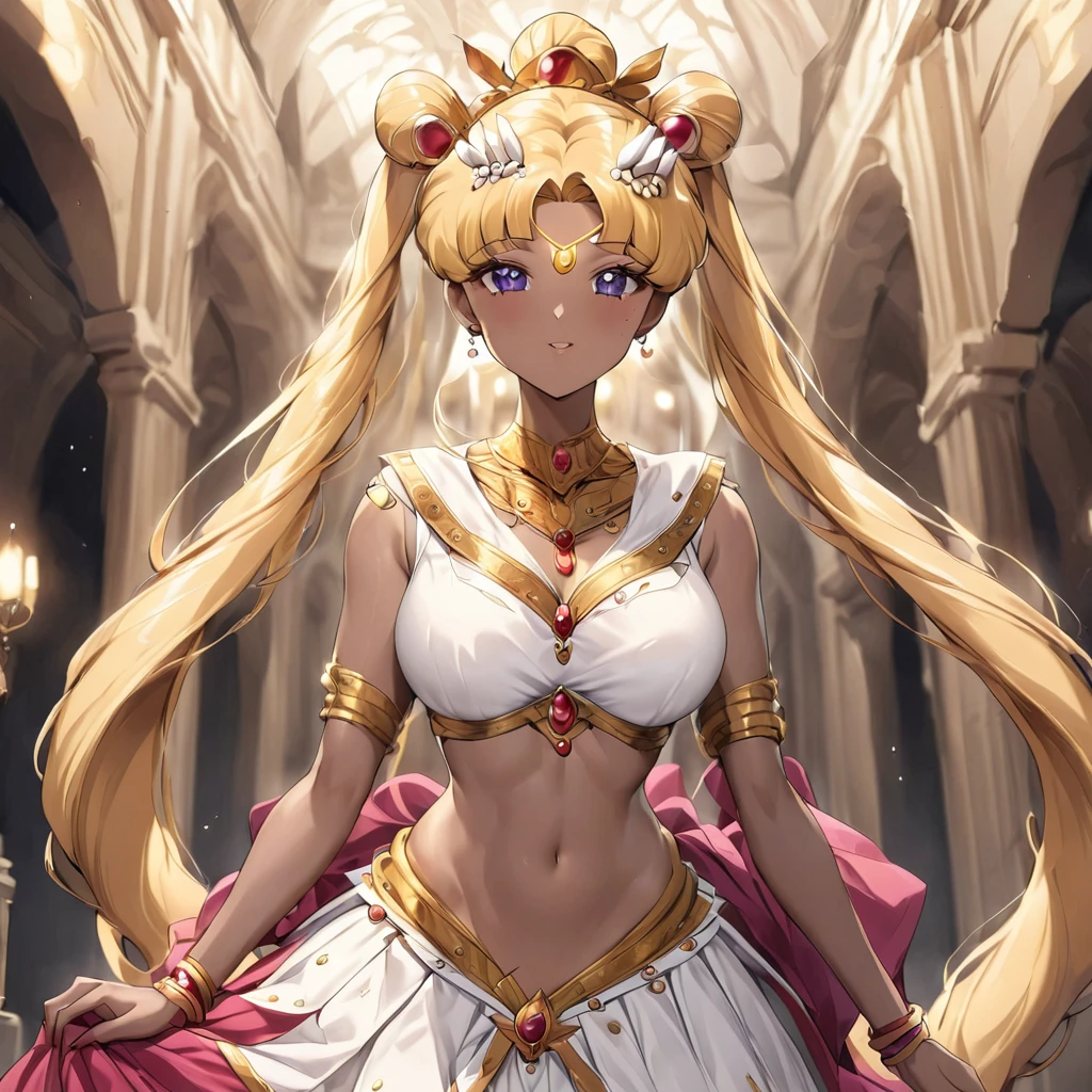 ((Highest quality)), ((masterpiece)), (detailed), （Perfect Face）、The woman, Tsukino Usagi, is a Hindu Indian with vivid brown skin and a red bindi on her forehead. She is in a luxurious Indian mansion wearing the luxurious and dazzling costume of an ancient Indian royal queen, a gorgeous and colorful thottu, a colorful hijab, a bindi, a gorgeous hair ornament, gorgeous jeweled accessories, and an engagement ring. The woman and the man are in a luxurious palace, and the woman is being held by a middle-aged Indian man with a muscular beard and wearing Indian traditional clothing, who is showing off his gorgeously dressed and beautiful wife to others, as if he is showing her off to them.、The woman is the elegant Tsukino Usagi, with long blonde hair in a chignon twin tail. The woman is wearing a gorgeous and colorful costume of an ancient Indian queen, a colorful hijab, and has bright brown skin and a red bindi on her forehead. She is an Indian Hindu.、（The woman is a brown-skinned Indian named Tsukino Usagi.）、The man is a dignified, muscular, bearded, middle-aged Hindu Indian man dressed in the royal attire of an ancient Indian dynasty.