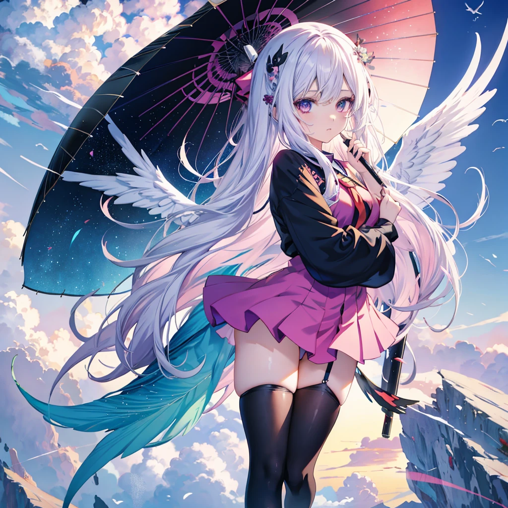 Anime girl with colorful wings and black umbrella，Long white hair, anime art wallpaper 4k, anime art wallpaper 4k, Anime Art Wallpapers 8K, Beautiful anime artwork, Anime Style 4K, anime abstract art, Beautiful anime art, Anime-style artwork, Beautiful anime art style, anime-style art, Anime Color, Anime illustration, Digital art on pixiv, Anime-style illustrations