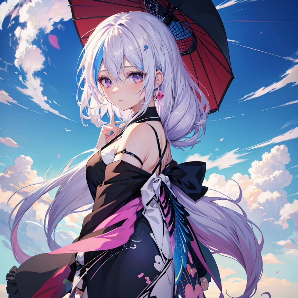 Anime girl with colorful wings and black umbrella,Long white hair, anime art wallpaper 4k, anime art wallpaper 4k, Anime Art Wallpapers 8K, Beautiful anime artwork, Anime Style 4K, anime abstract art, Beautiful anime art, Anime-style artwork, Beautiful anime art style, anime-style art, Anime Color, Anime illustration, Digital art on pixiv, Anime-style illustrations