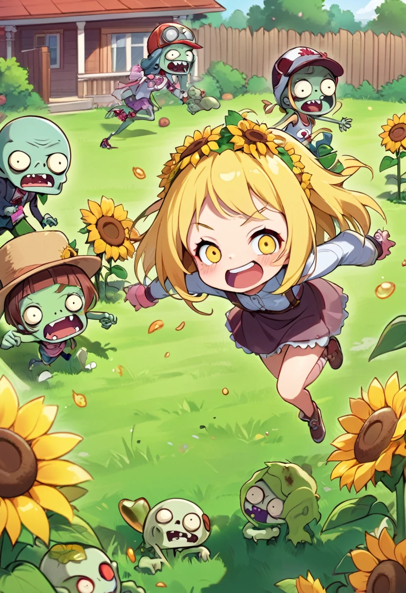 (Plants vs. Zombies), Cute girl(Anthropomorphic sunflower girl)、Zombies surrounding the girl、On the lawn in the garden、A girl hits the zombies on the head、The happy zombies、Fun and lively atmosphere