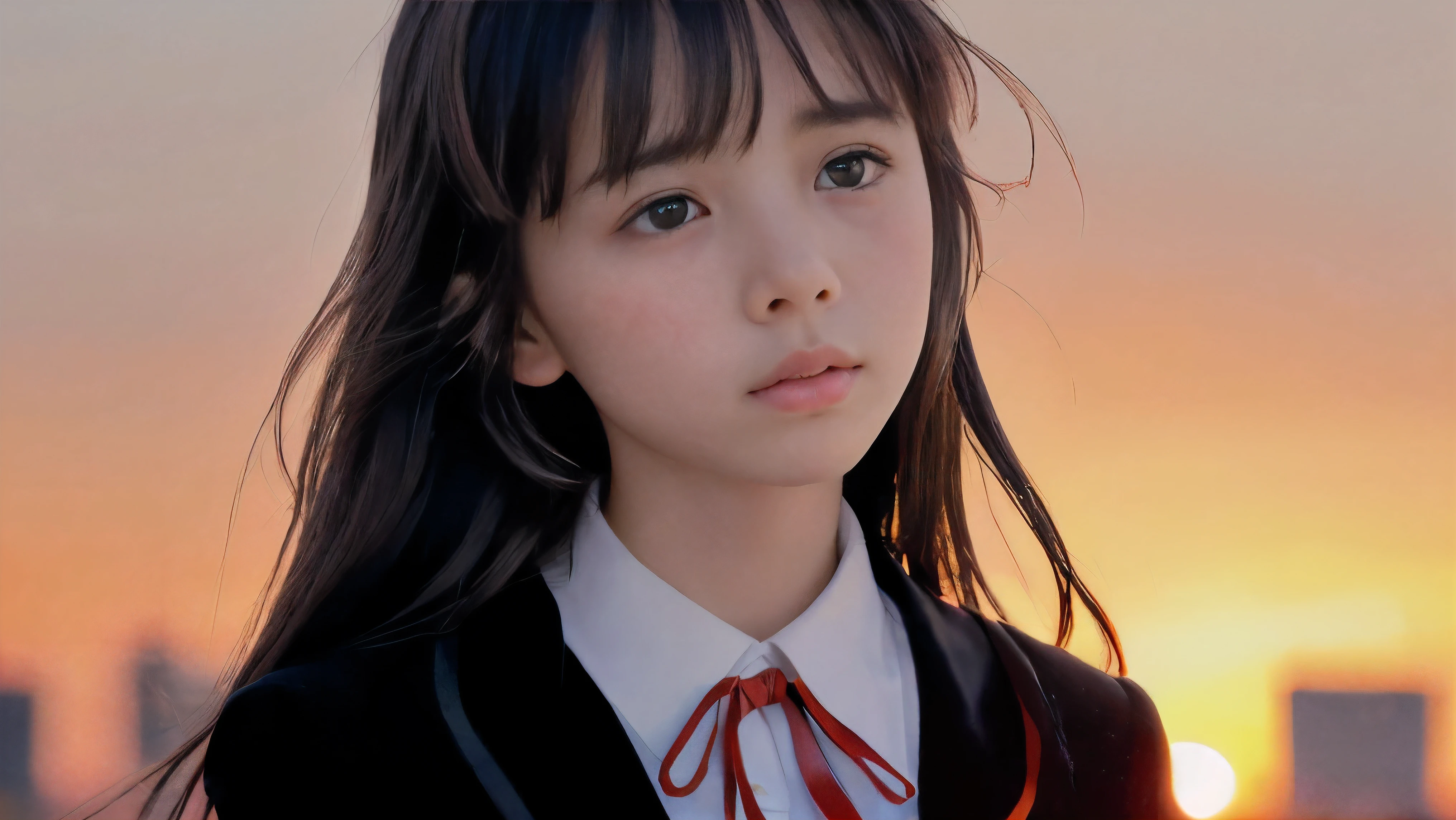 (Close up face shot of one slender small breasts two side up black medium hair bangs girl with crying face in long sleeves black school uniform:1.5)、(One girl is turn around at sunset red sky with her face is reflected sunset light and her hair is blowing in long sleeves black school uniform:1.5)、(Beautiful red sunset sky at skyscraper city landscape:1.5)、(8k ultra detailed master piece:1.5)、(Natural lighting:1.5)、(perfect anatomy:1.5)、(Photorealistic stick:1.5)、(Raw photo:1.3)、(highest quality:1.5)、(High resolution:1.3)、(Delicate and beautiful perfect face:1.3)、(Delicate and beautiful eye air skin:1.3)、(Real Human Skin:1.3)、((thin legs))