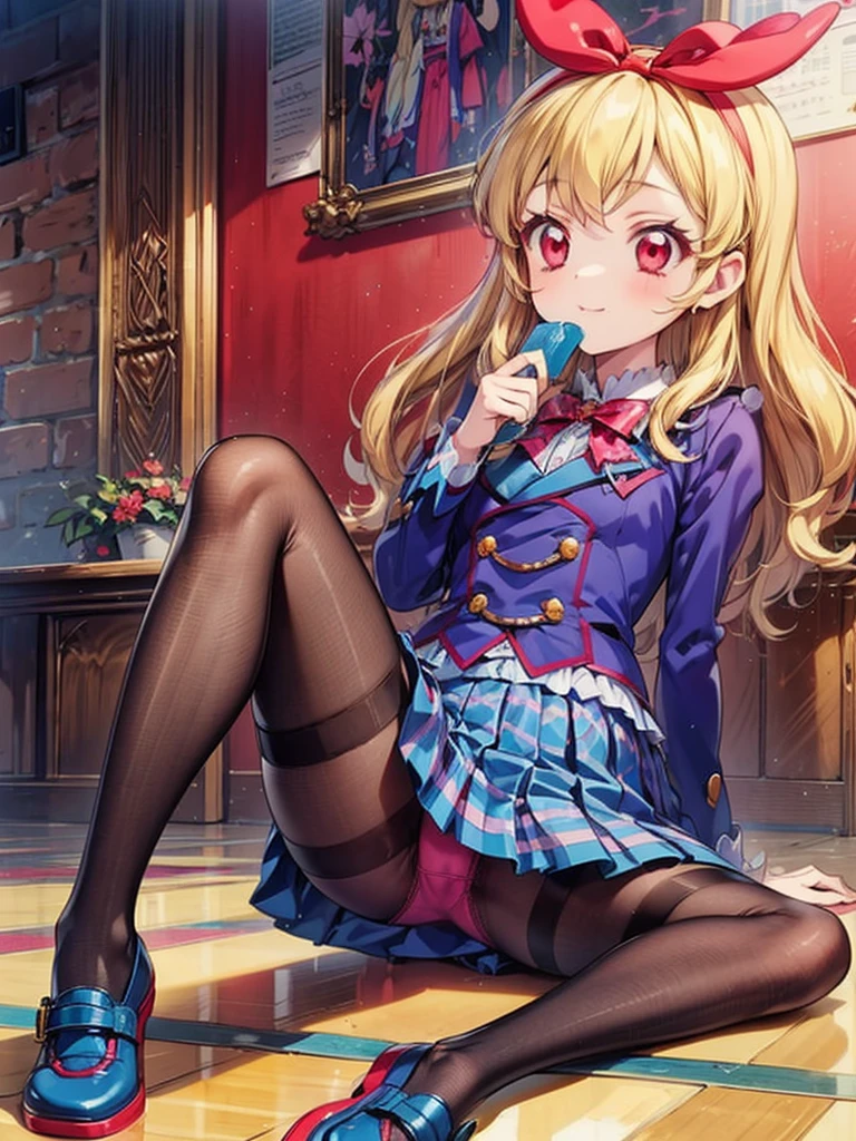 an anime girl wearing a short skirt and sitting on a floor all dressed up,1girl,pantyhose,solo,panties under pantyhose,underwear,panties,long hair,blonde hair,red eyes,,skirt,_breasts,shoes,Ichigo Hoshimiya (Aikatsu!)