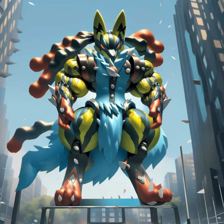 (masterpiece. official art. 8k. best quality. detailed full body. full body.)

(situation 1 : dominating mega lucario. focus GIANT mechanical Muscular mega lucario is trampling the CITY. macro. stomp. Low-angle perspective. emphasizing the immense size. The perspective is from below, emphasizing the sheer majesty and power of the Giant. giant art. He is much bigger than a skyscraper. Giga Giants. micro soccer field. looking down.)

(situation 2 :smoke and flames rising from the destruction in the city)

(Additional details 1: wearing a full-face helmet. high-tech bio-mecha armor. real texture material. whole body shines like metal. Wearing cyberpunk mecha. emphasizes the muscles. suit fully made of metal. intricate armor. Robotic suit. suit fully made of metal. cyborg. Powered exoskeleton with the same design as mega lucario).

(Additional details 2: (Detailed head. Detailed Body. Detailed abs. gigantic muscles. HYPER MUSCLES. Gigachad Muscular. big muscle. pecs. triceps. traps. unusually developed muscular body. body full of huge muscles. showing off muscles. pectorales enormes. Exaggeratedly huge muscles. huge muscles. long legs.).