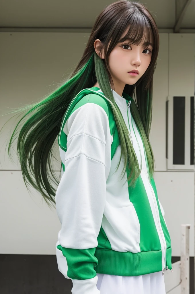 girl、hair color is green、Long hair、White sportswear、There is an angel halo on top