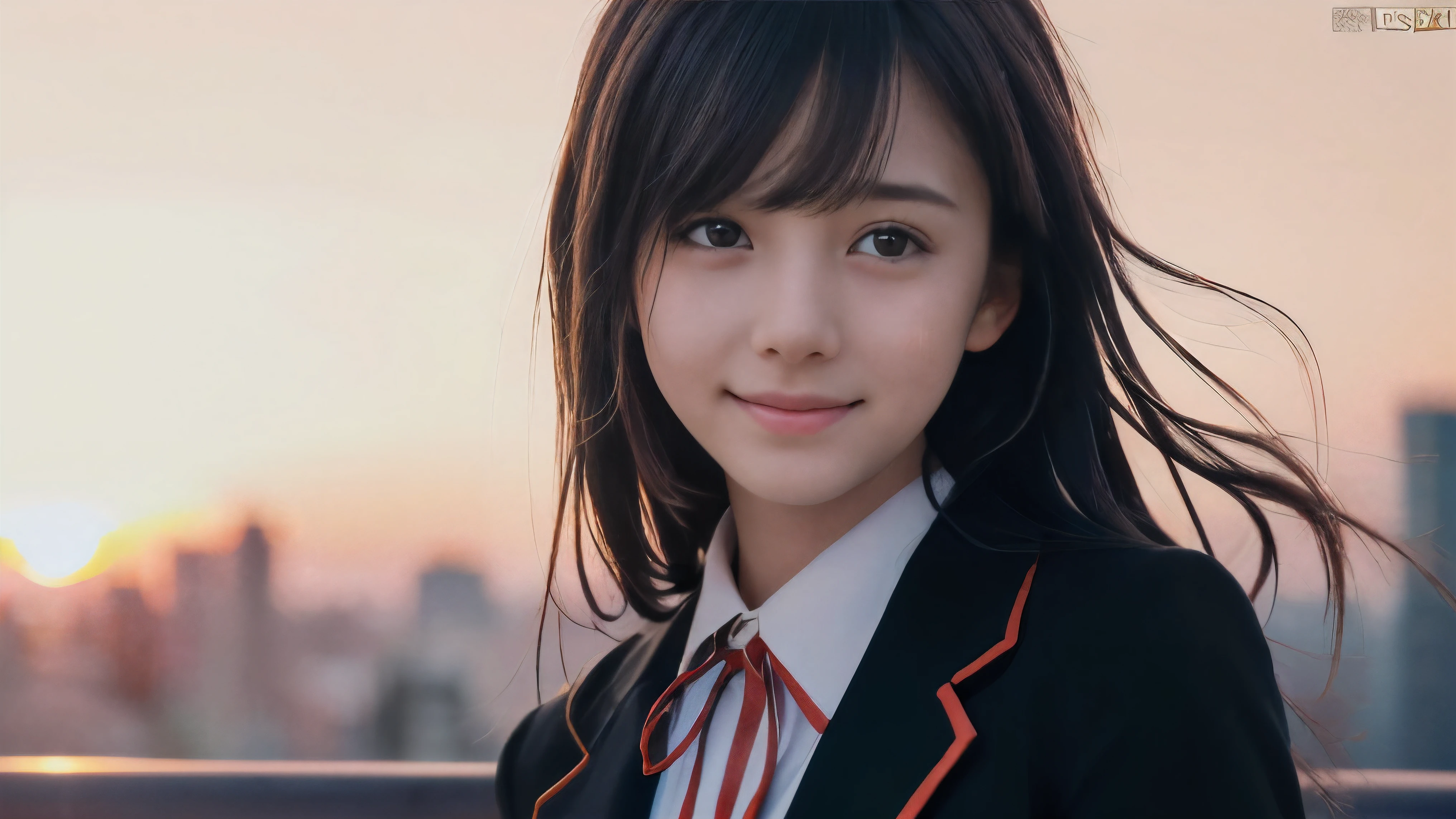 (Close up face shot of one slender small breasts two side up black medium hair bangs girl with crying little smile face in long sleeves black school uniform:1.5)、(One girl is facedown at sunset red sky with her face is reflected sunset light and her hair is blowing in long sleeves black school uniform:1.5)、(Beautiful red sunset sky at skyscraper city landscape:1.5)、(8k ultra detailed master piece:1.5)、(Natural lighting:1.5)、(perfect anatomy:1.5)、(Photorealistic stick:1.5)、(Raw photo:1.3)、(highest quality:1.5)、(High resolution:1.3)、(Delicate and beautiful perfect face:1.3)、(Delicate and beautiful eye air skin:1.3)、(Real Human Skin:1.3)、((thin legs))