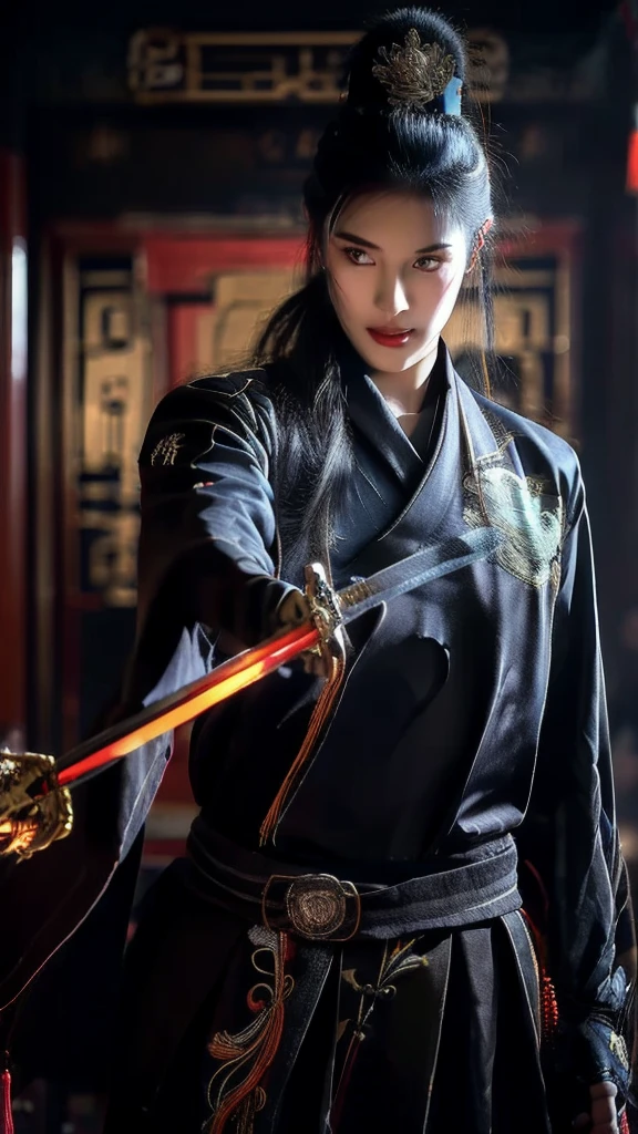 Wearing embroidered Chinese clothing,Dynamic Angle,view,Practical,Luminescence,
Xueer Embroidered Guard Uniform,1 Girl,Solitary focus,Holding a sword,have,Black Hair,Gloves,red Lips,tassel,Vague background,Vague,Lips,Upper Body,Shut up,Long sleeve,
male focus,Solitary,Handsome_male,
