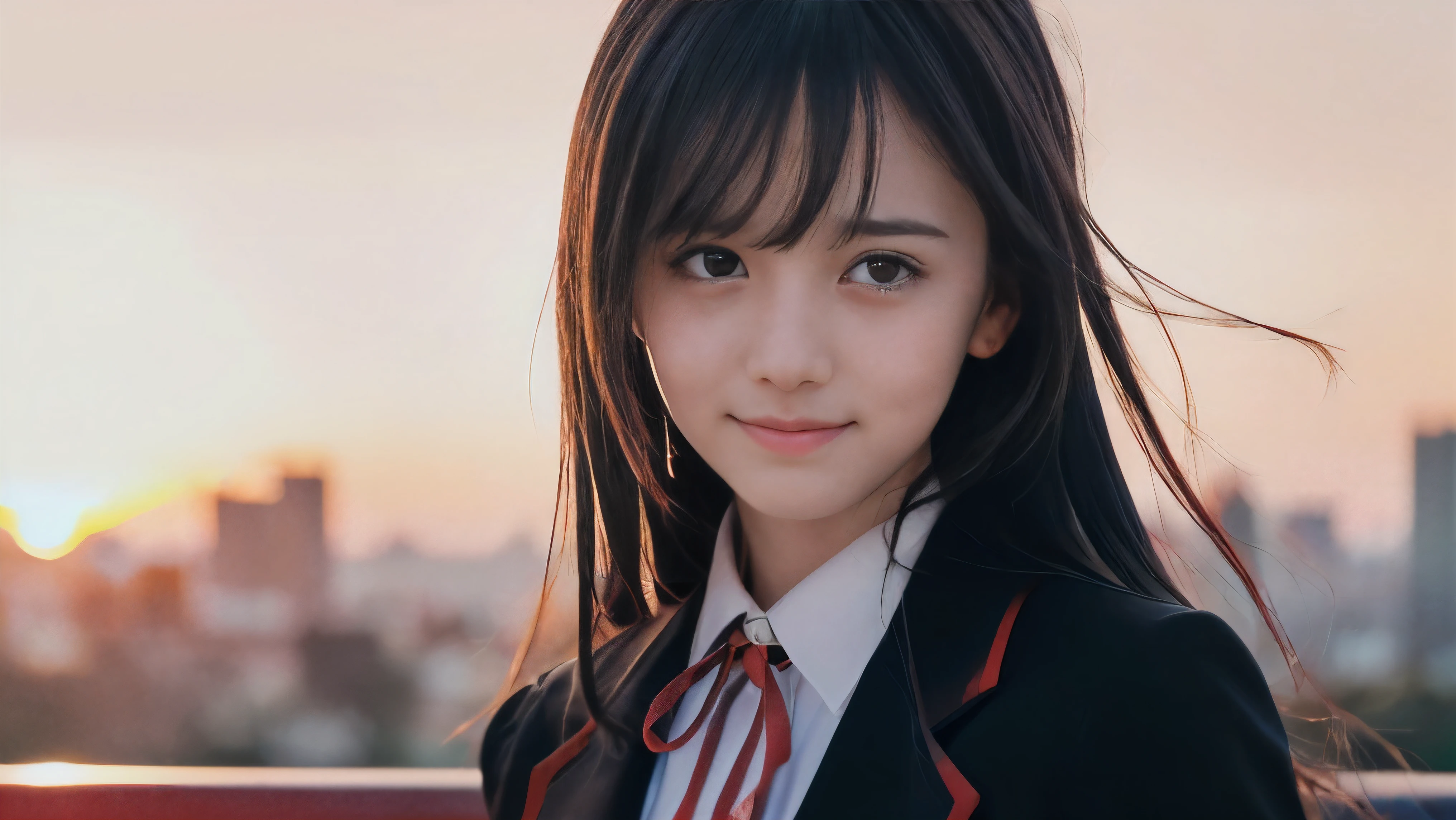 (Close up face shot of one slender small breasts two side up black medium hair bangs girl with crying little smile face in long sleeves black school uniform:1.5)、(One girl is facedown at sunset red sky with her face is reflected sunset light and her hair is blowing in long sleeves black school uniform:1.5)、(Beautiful red sunset sky at skyscraper city landscape:1.5)、(8k ultra detailed master piece:1.5)、(Natural lighting:1.5)、(perfect anatomy:1.5)、(Photorealistic stick:1.5)、(Raw photo:1.3)、(highest quality:1.5)、(High resolution:1.3)、(Delicate and beautiful perfect face:1.3)、(Delicate and beautiful eye air skin:1.3)、(Real Human Skin:1.3)、((thin legs))