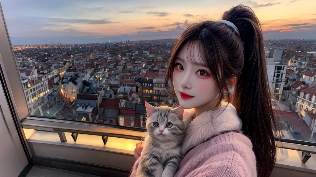 1 beautiful sweet girl,fluffy kitten on the shoulder. fish eye, selfie, wind, straight long hair, high ponytail, sunset, city scape, (Aesthetics and atmosphere:1.2),Detailed, realistic faces