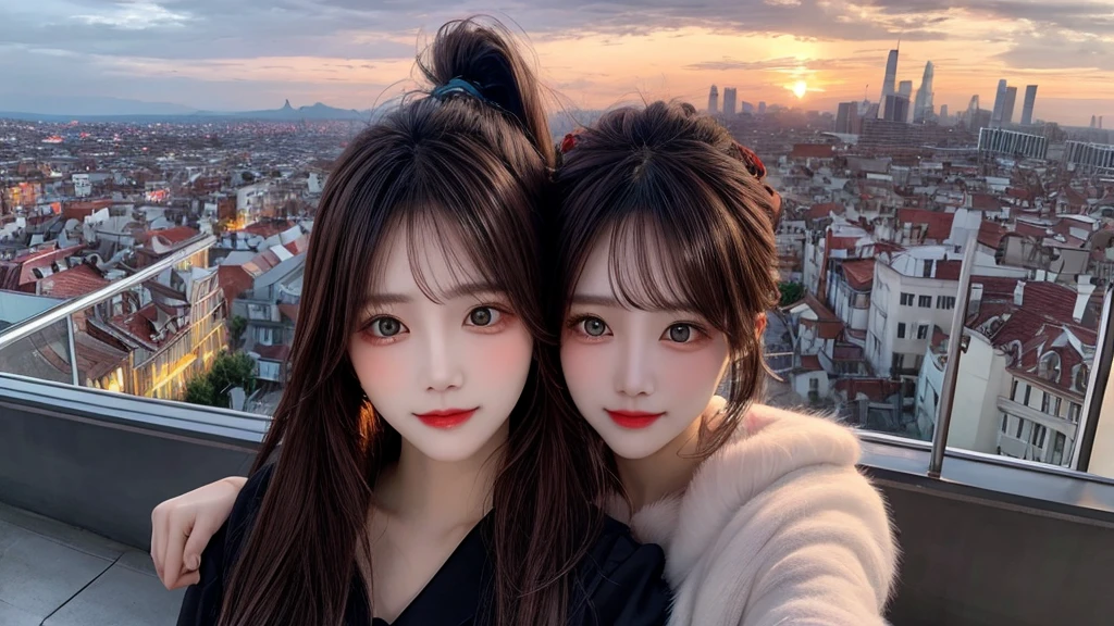 1 beautiful sweet girl,fluffy kitten on the shoulder. fish eye, selfie, wind, straight long hair, high ponytail, sunset, city scape, (Aesthetics and atmosphere:1.2),Detailed, realistic faces