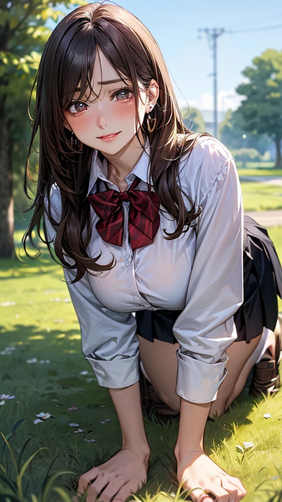 (masterpiece:1.2, top-quality), (realistic, photorealistic:1.4), beautiful illustration, (natural side lighting, movie lighting),
looking at viewer, cowboy shot, front view:0.6, 1 girl, japanese, high school girl, perfect face, cute and symmetrical face, shiny skin,
(long hair:1.8, straight hair:1.7, light brown hair), parted bangs, emerald green eyes, long eye lasher, (large breasts:0.9, thick thighs),
beautiful hair, beautiful face, beautiful detailed eyes, beautiful clavicle, beautiful body, beautiful chest, beautiful thigh, beautiful legs, beautiful fingers,
((, white collared shirts, black pleated mini skirt, black socks, brown loafers, red bow tie)), break, hoop ring earrings, pink panties, dark blue violet cardigan, break,
(beautiful scenery), evening, riverside, walking, hands on chest, (lovely smile, upper eyes),
shirt, mini tight skirt. On all fours in a grassy field, a dog hugs the woman's back.
Woman's face, bright red, flushed,One large dog on all fours, a girl, on all fours in a grassy meadow, the dog is holding the woman from behind, close to her waist, and mating with her.
.In a grassy meadow, a girl is on all fours, and a dog is holding her from behind and holding her close at the waist.
The girl's face is bright red and flushed, her eyes are closed, her mouth is open, and she cries out.