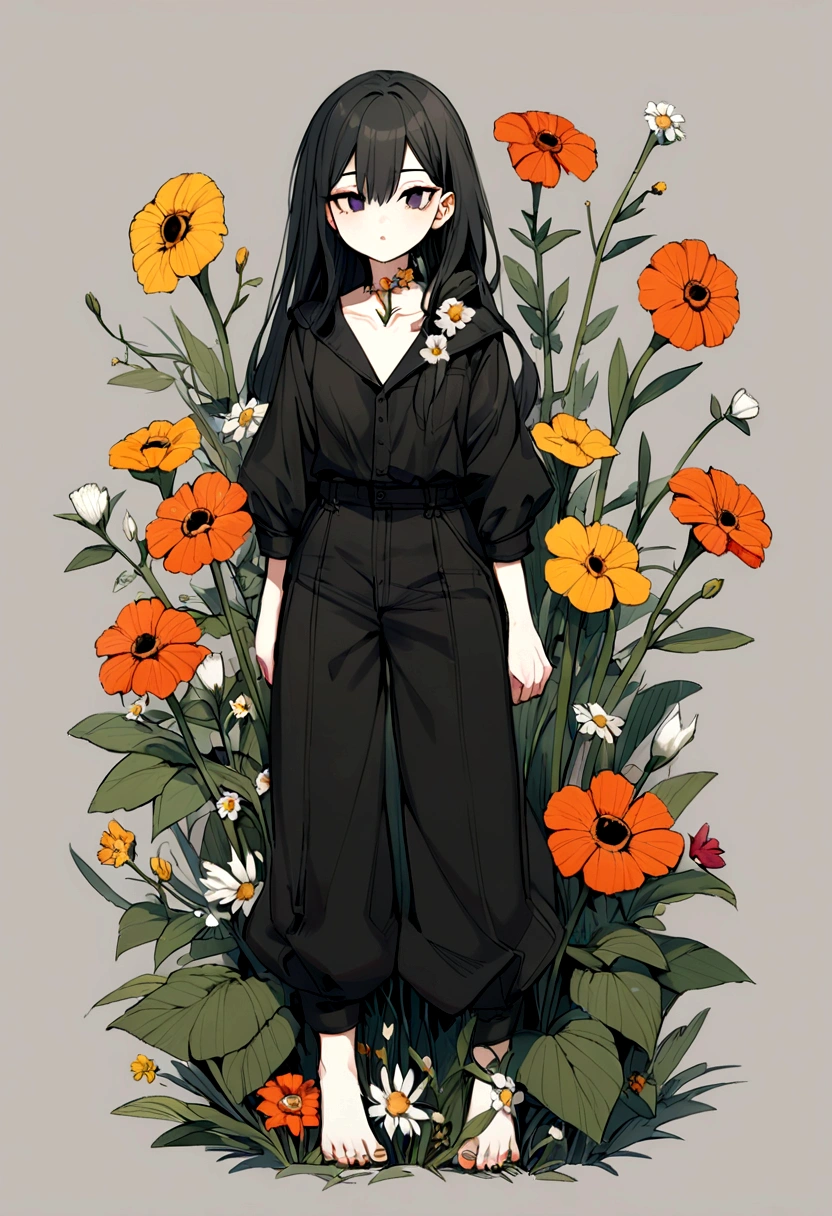 , Dark look, whole body, Flowers growing on my neck, Flowers growing on my feet, Pants Style