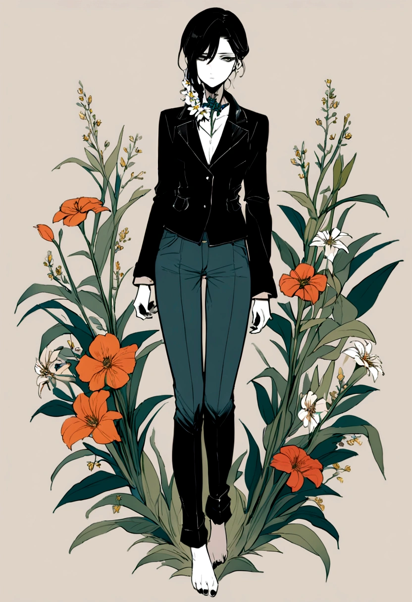 -yeld gi Dark look, whole body, Flowers growing on my neck, Flowers growing on my feet, Pants Style