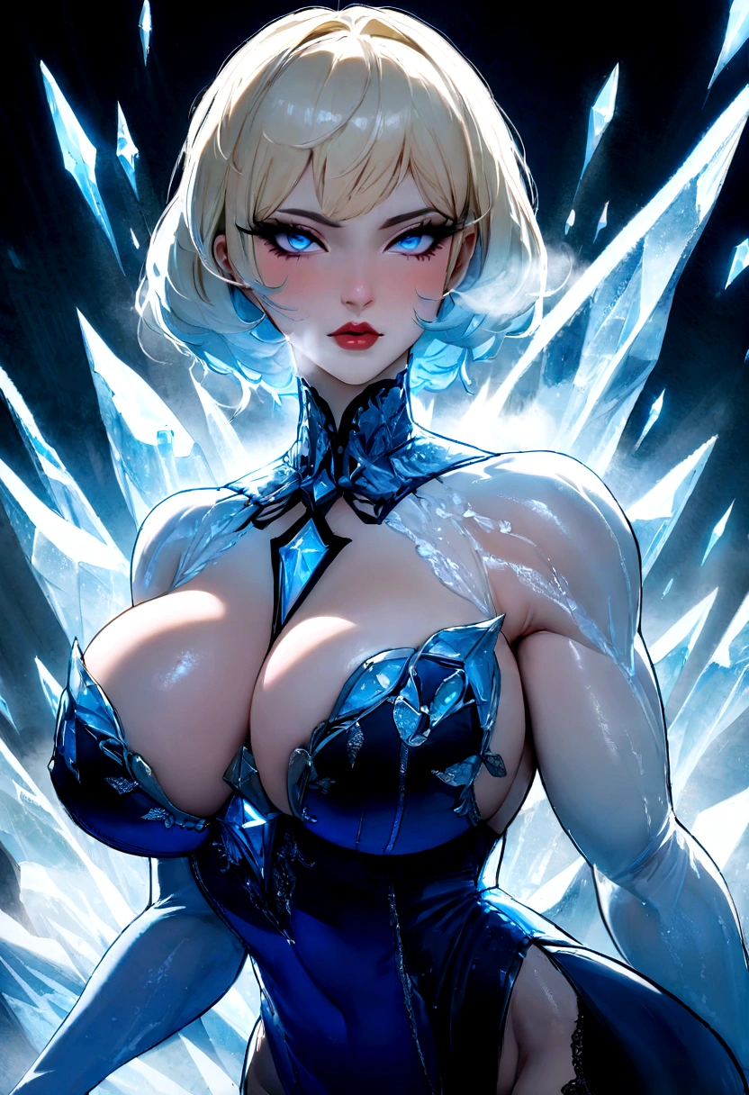 closeup photograph, (best qualityer,highres,master part:1.2),ultra detali,realisitic:1.37,sexy girl with superpowers, stunning blue eyes, long icy blonde hair, fierce expression, icy breath, Ice patterns on the skin, hypermuscle, Breasts huge, sparkling frost aura, Cool blue lighting, dark and mysterious background, intense stare, captivating beauty, icy blue nails, frozen environment, powerful and confident posture, Super hero, frozen fragments floating in the air, dynamic movement, Icy makeup, cold and cold atmosphere, Seductive charm, dangerous and seductive, Icy powers, icy touch, The embodiment of winter, Cold hug, enchanting presence.street at night, fotorrealisitic, cinematic lighting