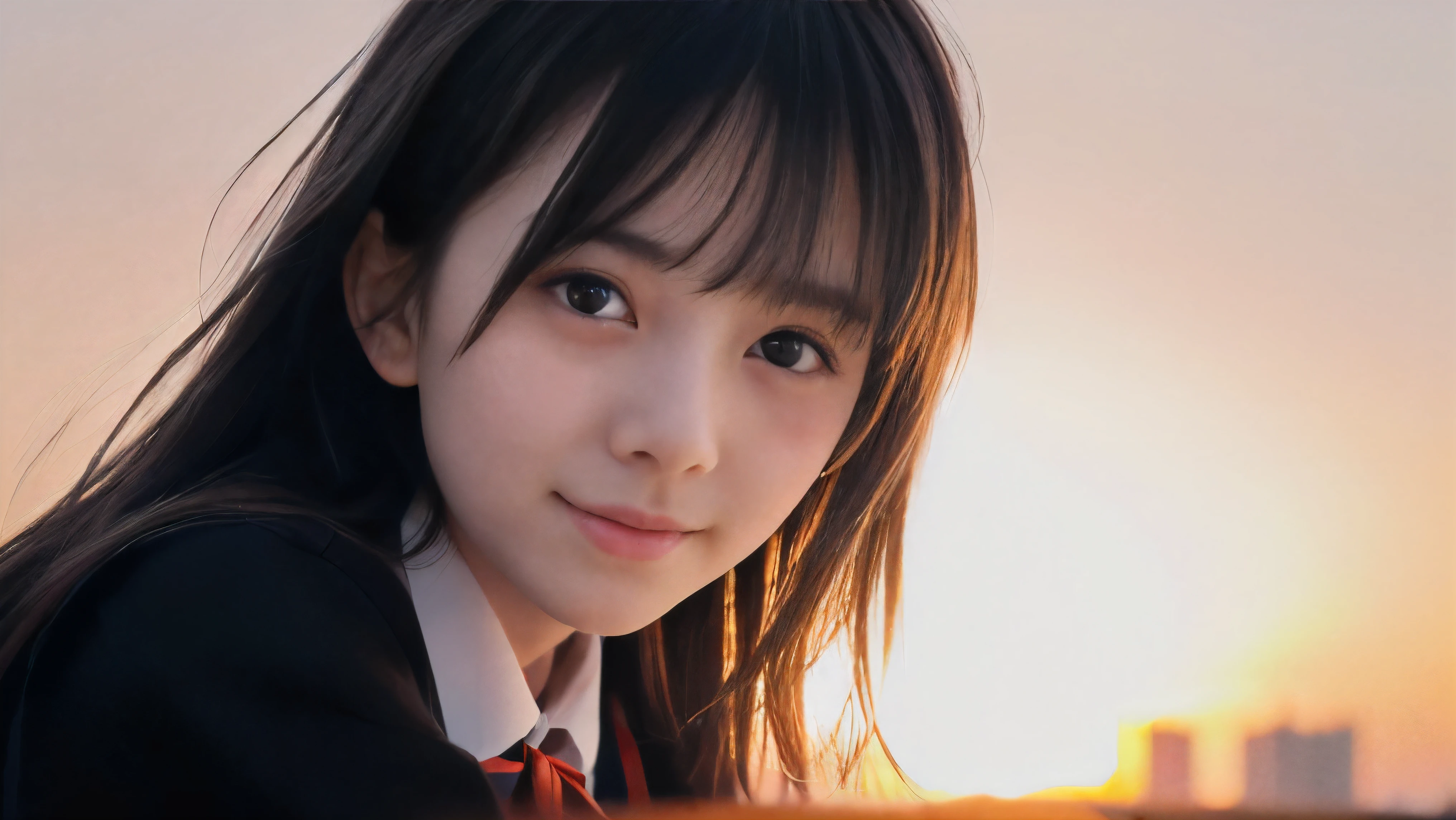 (Close up face shot of one slender small breasts two side up black medium hair bangs girl with crying little smile face in long sleeves black school uniform:1.5)、(One girl is facedown at sunset red sky with her face is reflected sunset light and her hair is blowing in long sleeves black school uniform:1.5)、(Beautiful red sunset sky at skyscraper city landscape:1.5)、(8k ultra detailed master piece:1.5)、(Natural lighting:1.5)、(perfect anatomy:1.5)、(Photorealistic stick:1.5)、(Raw photo:1.3)、(highest quality:1.5)、(High resolution:1.3)、(Delicate and beautiful perfect face:1.3)、(Delicate and beautiful eye air skin:1.3)、(Real Human Skin:1.3)、((thin legs))