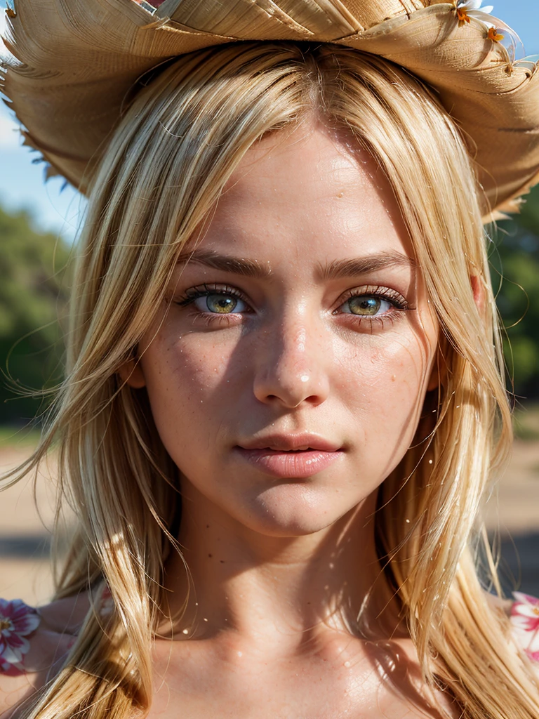 (Cowboy shoot), (((Ultra-realistic))), (artistic realization), (ultra-detailed face and eyes: 1.4), 1 girl, (blonde) , (naked) , (thick tousled hair), Detailed eyes, (large detailed lipakeup, (Natural breastany sakura flowers around, close-up, close to the camera)), Dark atmosphere of the frame, (ultra detailed), smile