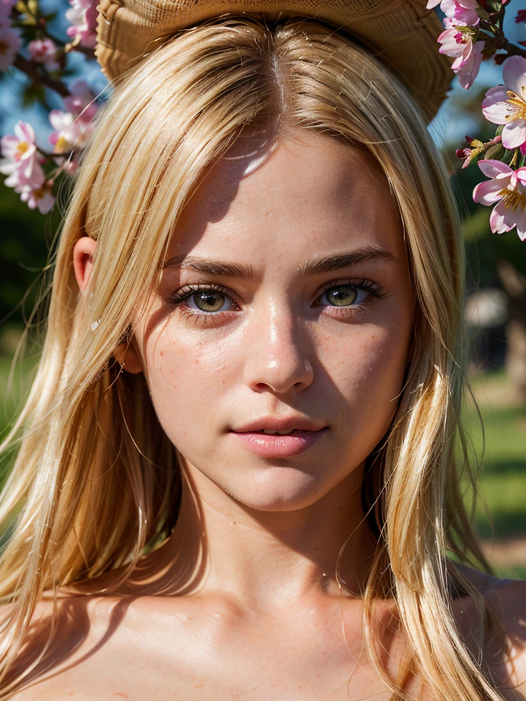 (Cowboy shoot), (((Ultra-realistic))), (artistic realization), (ultra-detailed face and eyes: 1.4), 1 girl, (blonde) , (naked) , (thick tousled hair), Detailed eyes, (large detailed lipakeup, (Natural breastany sakura flowers around, close-up, close to the camera)), Dark atmosphere of the frame, (ultra detailed), smile