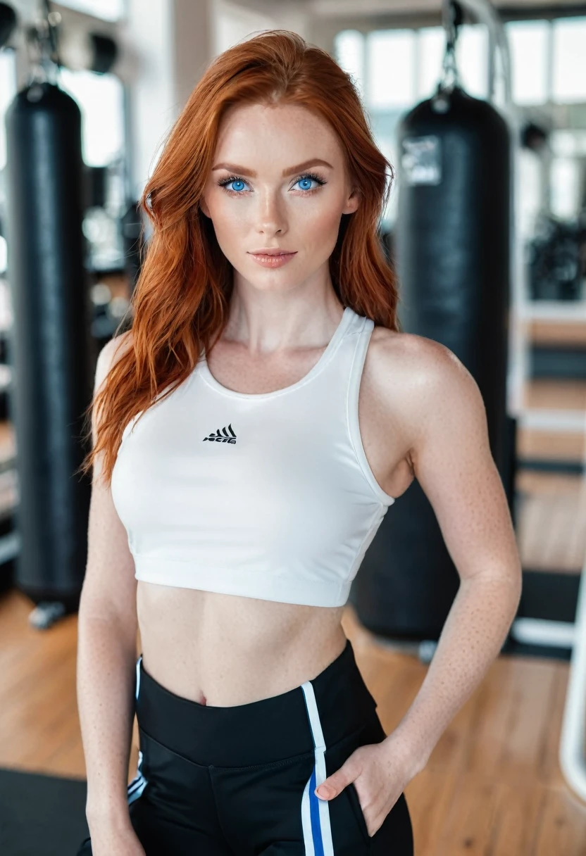 Red-haired model with blue eyes looks directly into the camera and wants to go to the sauna. She has a big towel, which cover your and bottom. She is looking forward to the sauna