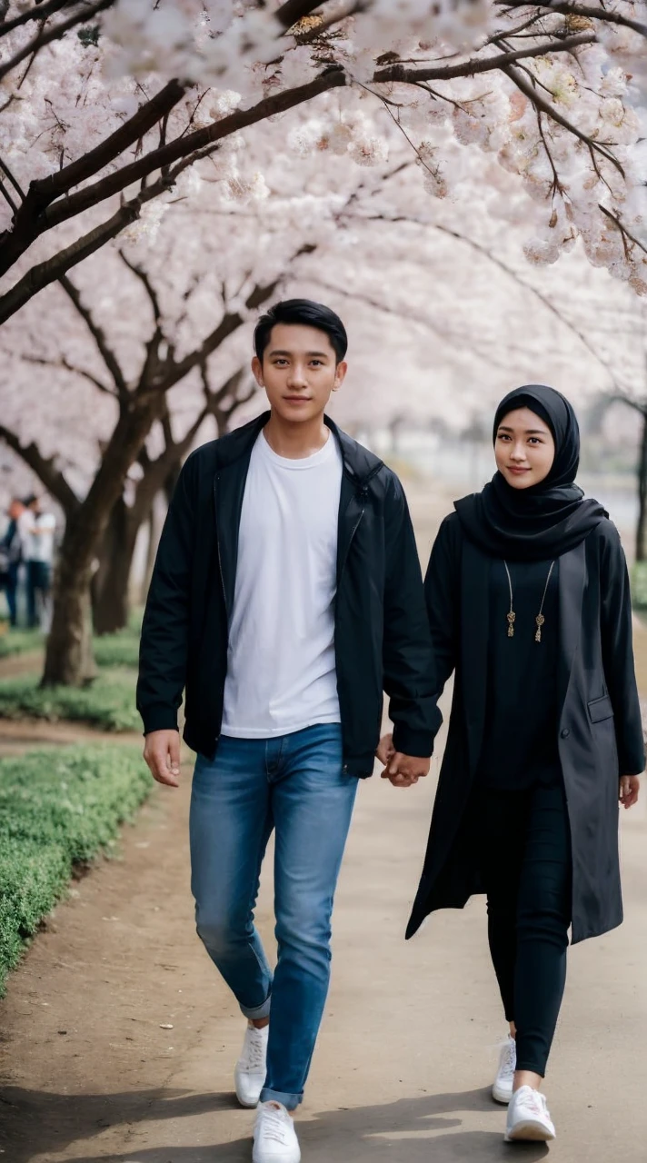 A couple walks hand in hand on a path in a park. They are dressed in modern casual attire.