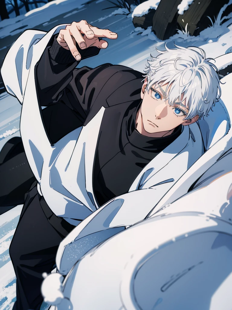 Gojo Satoru walk in outdoor coated black suit in snow ,white hair , blue eyes, cool style macho