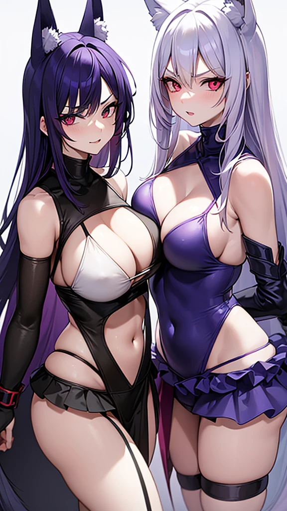 An adult woman, half dragon, dragon tail, blue eyes, purple hair, with an adult woman, half fox and wolf, wolf tail, fox ears, red eyes, white hair, both very sexy, both have large breasts , both separated and both wear bikinis, one is very angry and the other is shy and friendly