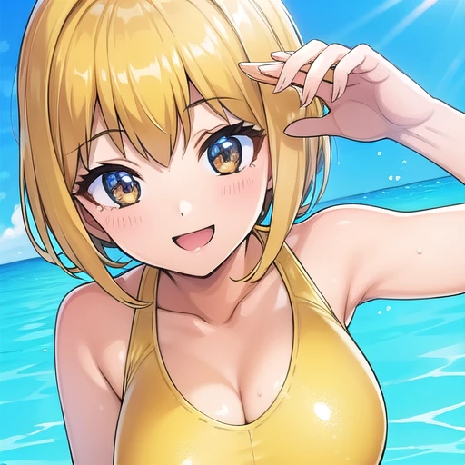 Super detailed.Golden swimsuit,smile,showing whole face,