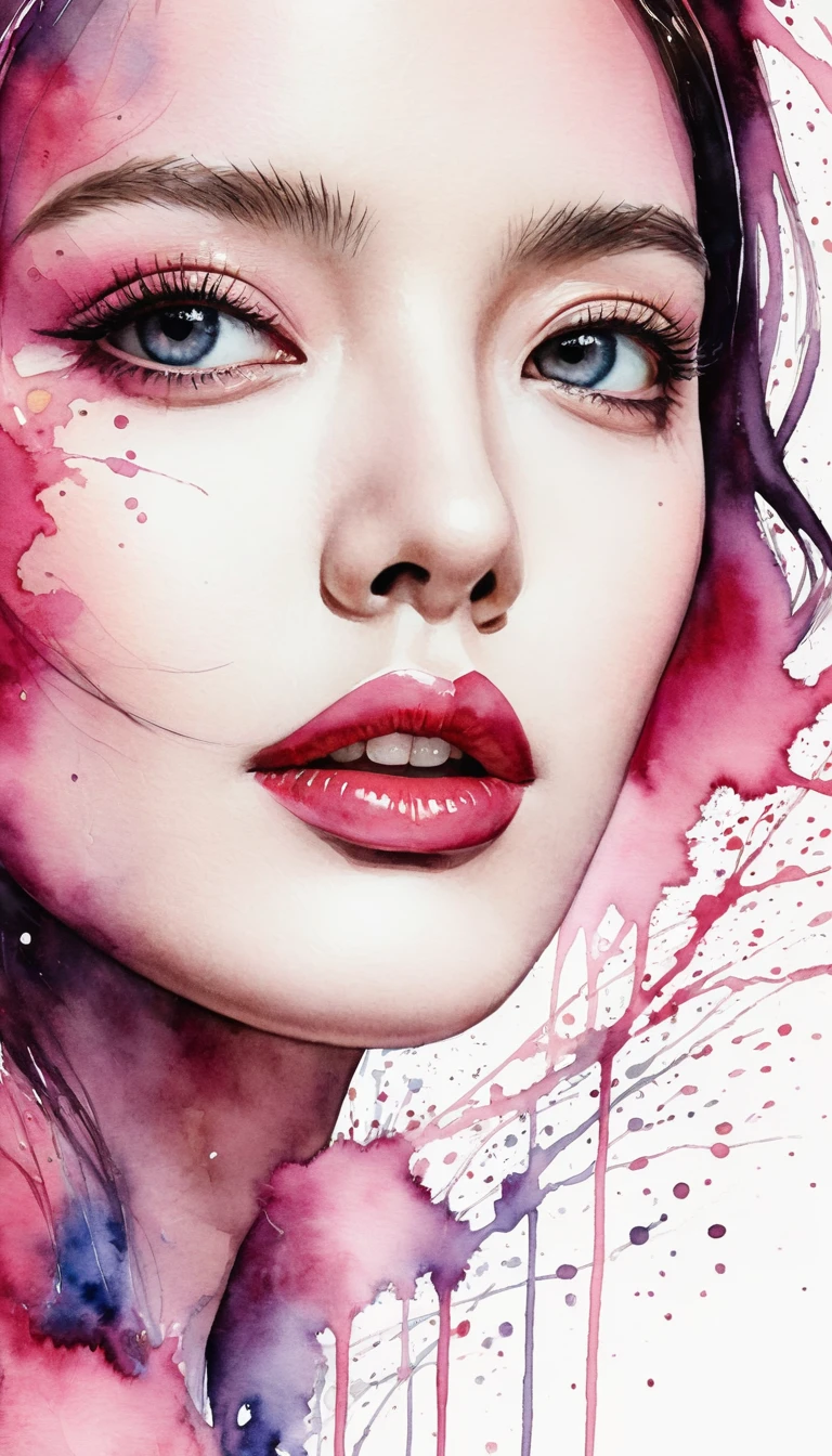 Beautiful woman portrait, Sylvia Pelissero watercolors, Beautiful Eyes、 Abstract art, Intense watercolor, Watercolor detailed art, Watercolor splash, Surreal, Avant-garde pop art, Beautiful and expressive paintings, Beautiful artwork illustration, Pink tones, wonderful, Cool Beauty, Highest quality,Official Art, women only, Sharp contours, Best Shot, Vector art, Lips in Love、 (((The most beautiful women in history))), (((Japanese)))、clear, (((Highest quality))), Lips in Love, High resolution, ((Detailed explanation)), Detailed garment texture, (((Graffiti art))), ((masterpiece))、((Very detailed))