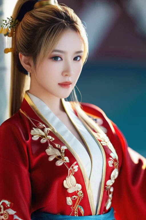 Fei Yu_robes, depth of field, The lines are thin and smooth., see the whole body, (manuscript： 1.2),（realistic： 1.3, 4K resolution, Highly detailed, realistic, red cloth, exquisite face, blonde hair, red eyes, long hair, braid, beautiful girl, Full show, Gold Embroidery， black embroidered gold，big breasts, high ponytail， depth of field, high resolution, 1 woman, beautiful eyes, robesจีน, Fei Yu