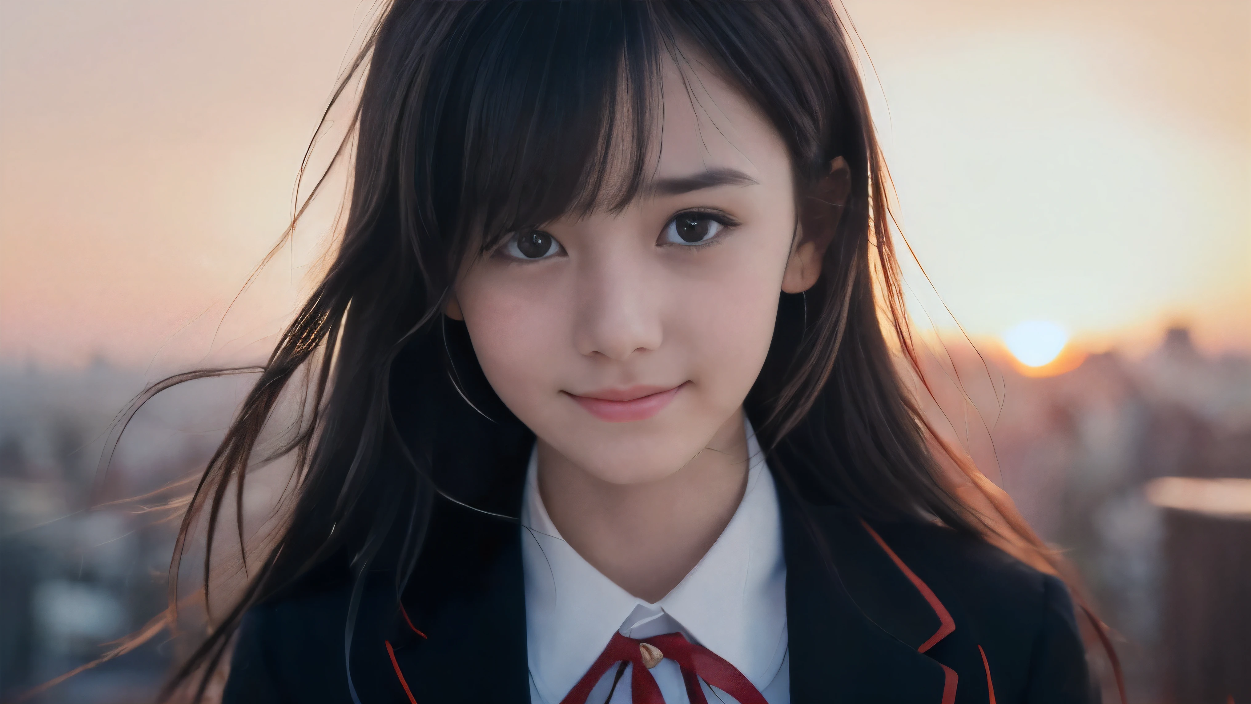 (Close up face shot of one slender small breasts two side up black medium hair bangs girl with crying little smile face in long sleeves black school uniform:1.5)、(One girl is facedown at sunset red sky with her face is reflected sunset light and her hair is blowing in long sleeves black school uniform:1.5)、(Beautiful red sunset sky at skyscraper city landscape:1.5)、(8k ultra detailed master piece:1.5)、(Natural lighting:1.5)、(perfect anatomy:1.5)、(Photorealistic stick:1.5)、(Raw photo:1.3)、(highest quality:1.5)、(High resolution:1.3)、(Delicate and beautiful perfect face:1.3)、(Delicate and beautiful eye air skin:1.3)、(Real Human Skin:1.3)、((thin legs))