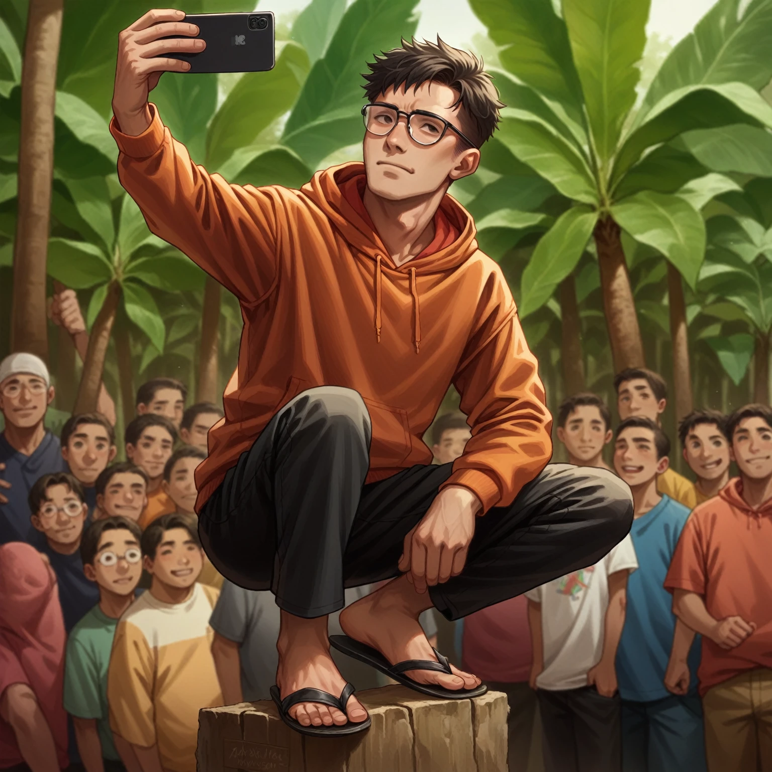 realistic photo, a man with a native Indonesian face, 25 years old, oval face, short side parted hair style, very thin body, sun glasses, wearing an orange hoodie, wearing black trousers, wearing black flip flops,It looks like he is taking a selfie on a banana leaf tree , the atmosphere in the village, many people looked at him