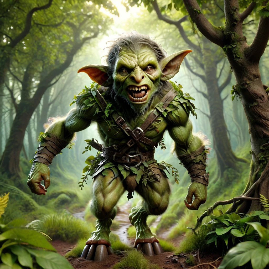 ((ultra detailed, glossy, smooth, )) goblin, лесной goblin, is going to attack, Lovecraft style, зелёный goblin, jumps out of the bushes, sharp fangs, группа goblinов, fantasy world,