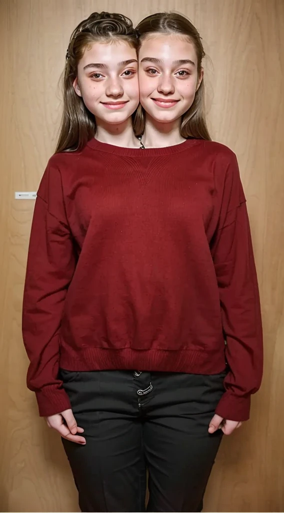 2heads, two headed girl, (one head 12 year old girl:1.5), (one head 16 year old girl:1.5)