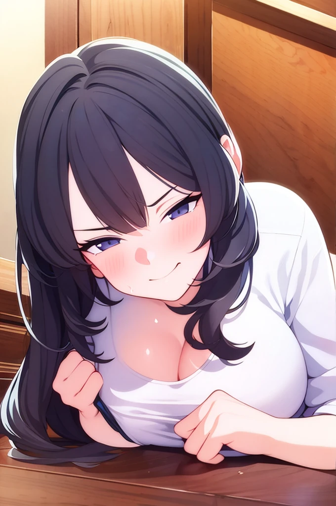 best quality, realistic:1.37), detailed portrait, blushing, lust face, black panties, white t shirt, smirk face, hentai, large breasts, NSFW