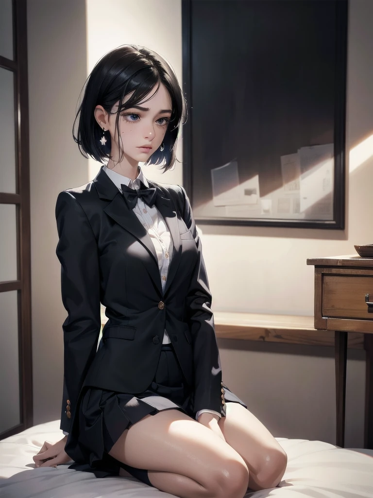 absurdres, RAW photo, extremely delicate and beautiful, masterpiece, Best Quality, ultra high resolution, 32k, hyperrealistic, ultra-detailed, in her 20s, delicate facial features, tearful mole, earring, medium breasts, full body shot, shorter middle hair, black hair, school_uniform, blazer,