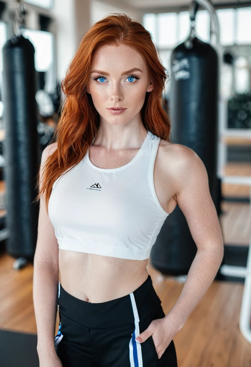 Red-haired model with blue eyes looks directly into the camera and wants to go to the sauna. She has a big towel, which cover your breasts and bottom. She is looking forward to the sauna