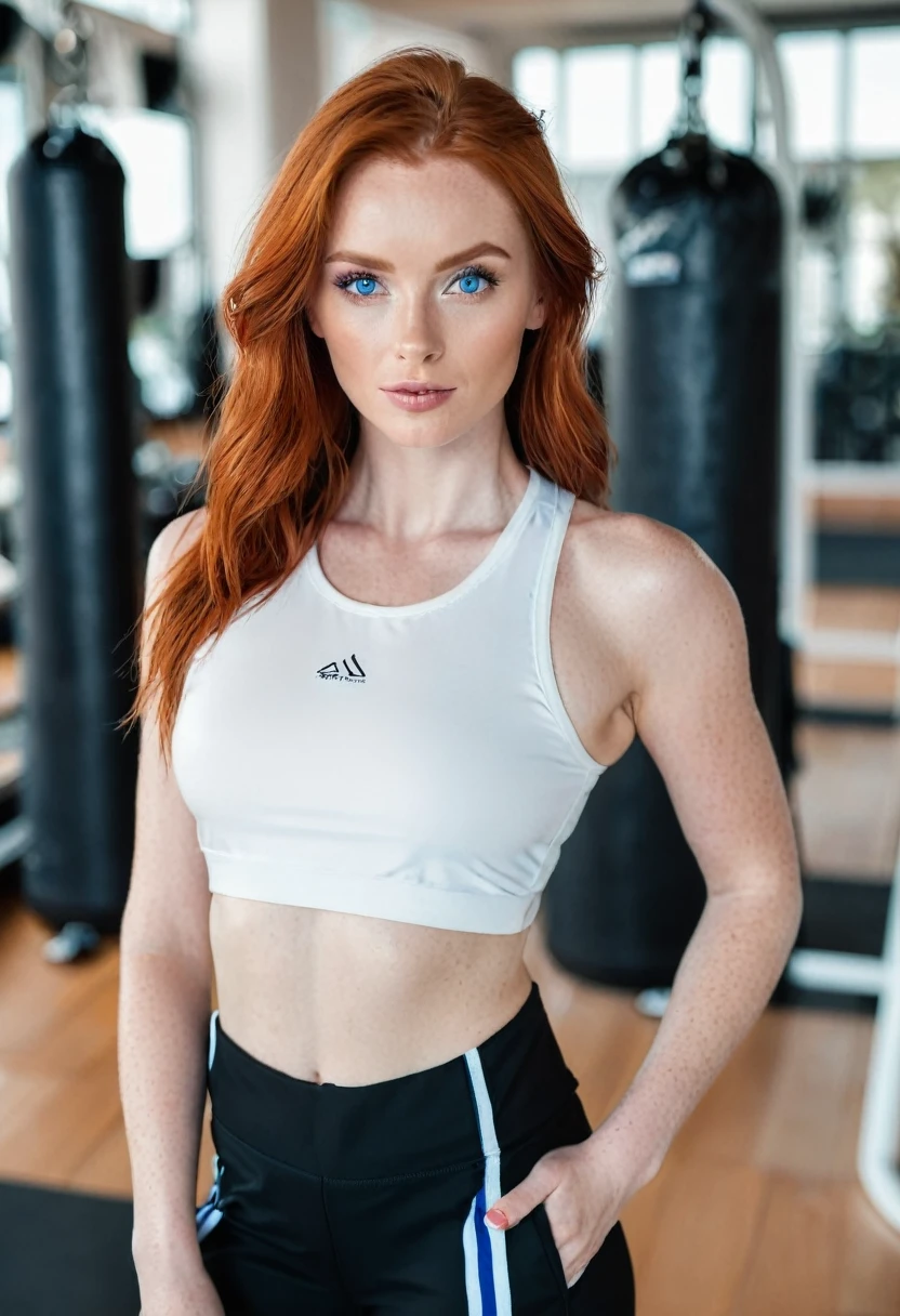 Red-haired model with blue eyes looks directly into the camera and wants to go to the sauna. She has a big towel, which cover your breasts and bottom. She is looking forward to the sauna