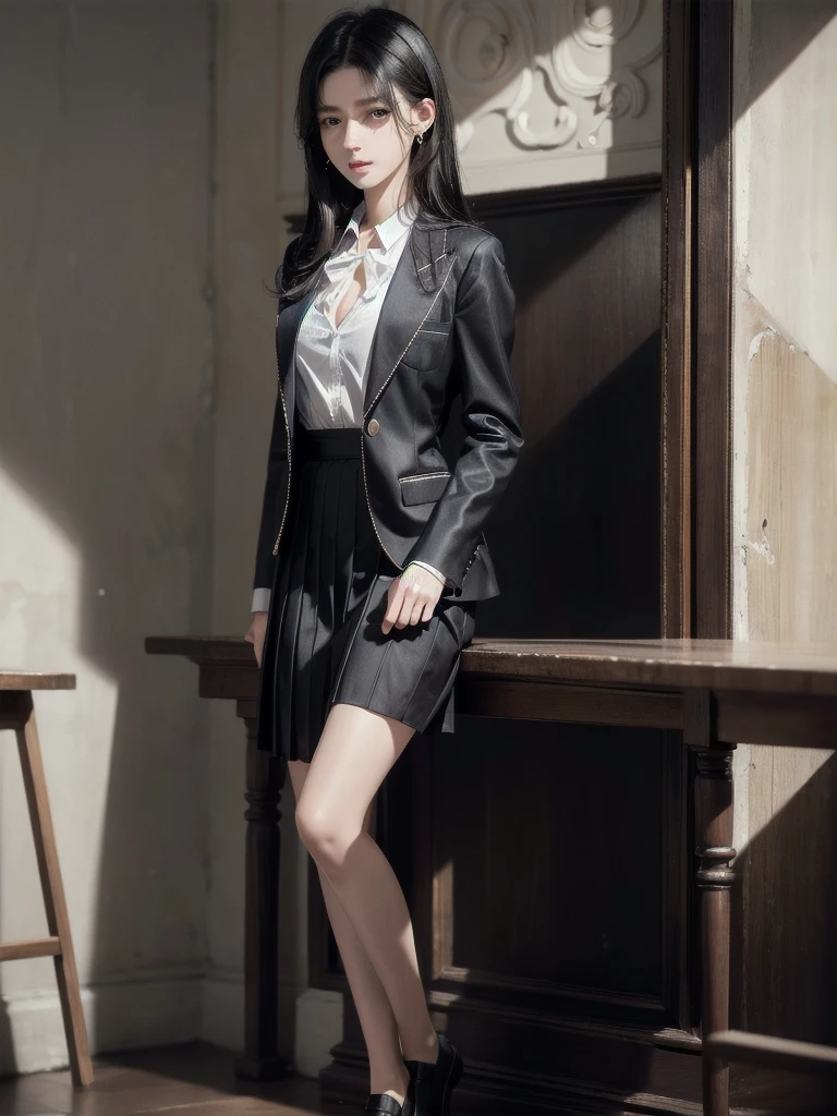 absurdres, RAW photo, extremely delicate and beautiful, masterpiece, Best Quality, ultra high resolution, 32k, hyperrealistic, ultra-detailed, in her 20s, delicate facial features, tearful mole, earring, medium breasts, full body shot, shorter middle hair, black hair, school_uniform, blazer,