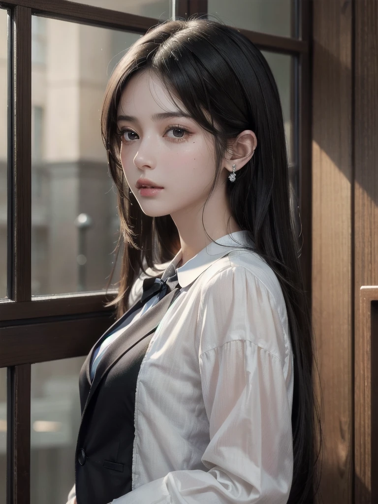 absurdres, RAW photo, extremely delicate and beautiful, masterpiece, Best Quality, ultra high resolution, 32k, hyperrealistic, ultra-detailed, in her 20s, delicate facial features, tearful mole, earring, medium breasts, full body shot, shorter middle hair, black hair, school_uniform, blazer,