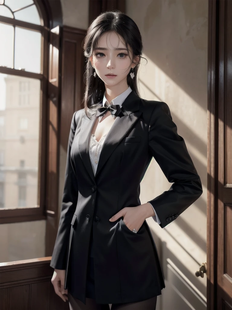 absurdres, RAW photo, extremely delicate and beautiful, masterpiece, Best Quality, ultra high resolution, 32k, hyperrealistic, ultra-detailed, in her 20s, delicate facial features, tearful mole, earring, medium breasts, full body shot, shorter middle hair, black hair, school_uniform, blazer,
