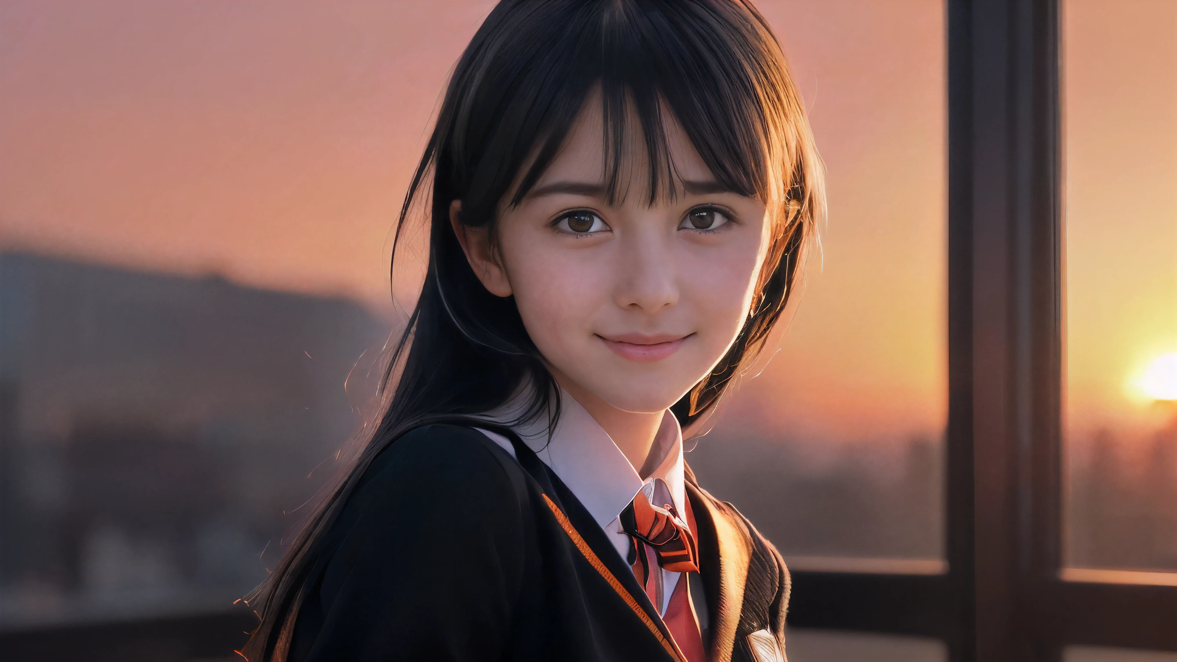 (Close up face shot of one slender small breasts two side up black medium hair bangs girl with crying little smile face in long sleeves black school uniform:1.5)、(One girl is turn around at sunset red sky with her face is reflected sunset light and her hair is blowing in long sleeves black school uniform:1.5)、(Beautiful red sunset sky at skyscraper city landscape:1.5)、(Natural lighting:1.5)、(8k ultra detailed master piece:1.5)、(perfect anatomy:1.5)、(Photorealistic stick:1.5)、(Raw photo:1.3)、(highest quality:1.5)、(High resolution:1.3)、(Delicate and beautiful perfect face:1.3)、(Delicate and beautiful eye air skin:1.3)、(Real Human Skin:1.3)、((thin legs))