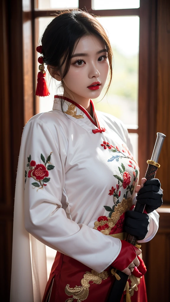 Wearing embroidered Chinese clothing,Dynamic Angle,view,Practical,Luminescence,
Xueer Embroidered Guard Uniform,1 Girl,Solitary focus,Holding a sword,have,Black Hair,Gloves,red Lips,tassel,Vague background,Vague,Lips,Upper Body,Shut up,Long sleeve,
Female focus,Solitary,Handsome_woman,
