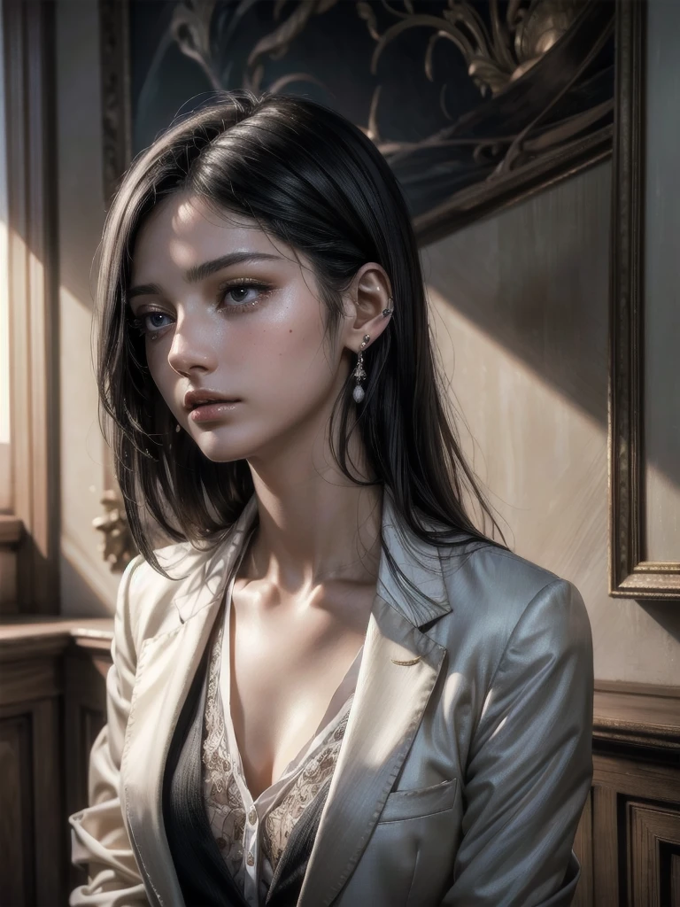 absurdres, RAW photo, extremely delicate and beautiful, masterpiece, Best Quality, ultra high resolution, 32k, hyperrealistic, ultra-detailed, in her 20s, delicate facial features, tearful mole, earring, medium breasts, full body shot, shorter middle hair, black hair, school_uniform, blazer,