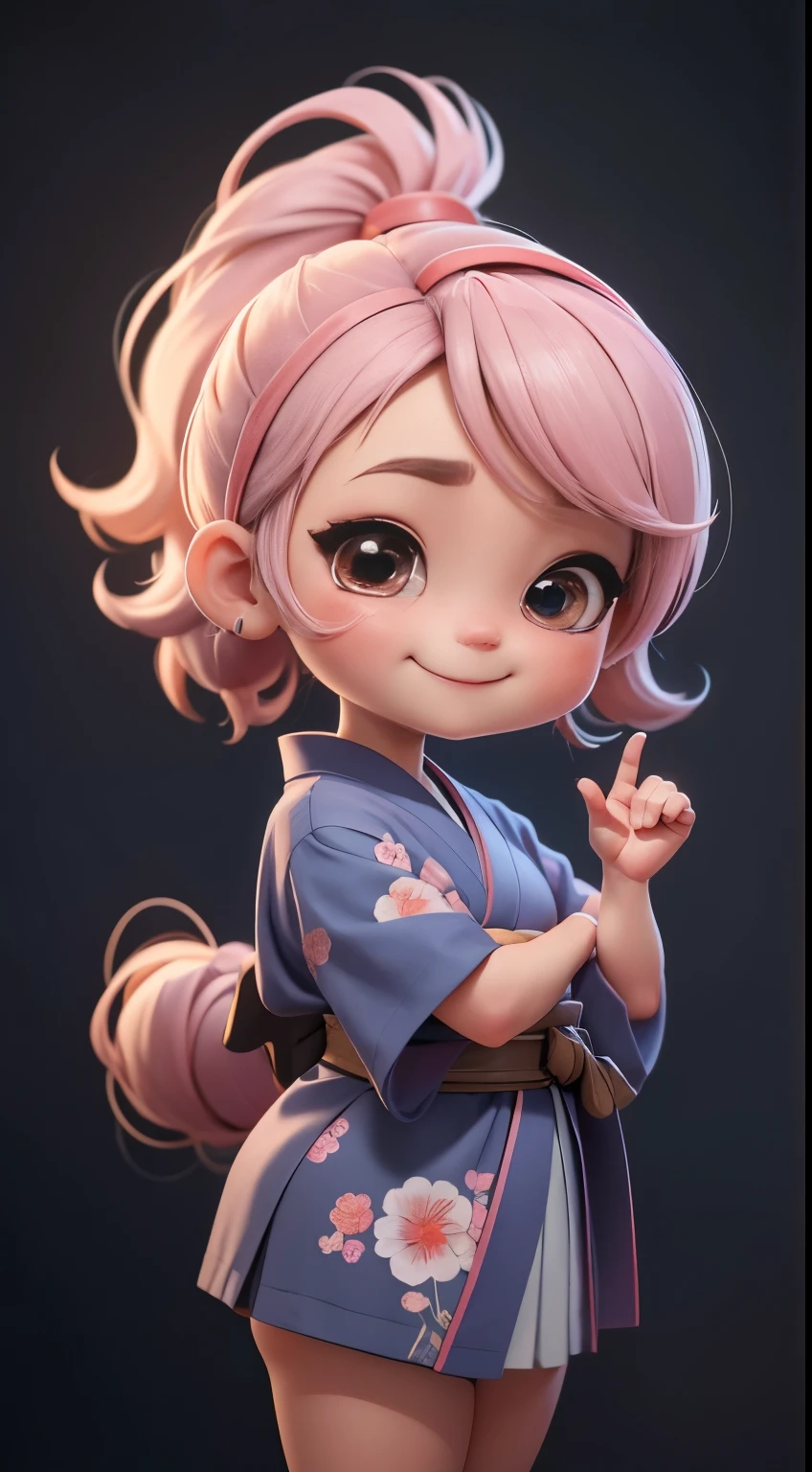 Create a baby chibi version of the Alice character in an 8K resolution. A girl with a ponytail is wearing a kimono with a crane pattern, practicing kendo in a dojo, and wearing a headband as a hair accessory, It's sunny, Detailed eyes, clear outlines, kawaii pose, A smile, Raise your right hand, Eye Up, Laugh, radiant light, Taken from the side. She should look adorable and cute. Give him a smiling expression and a sweet smile on his face, capturing the essence of the character in a delicate and charming way.