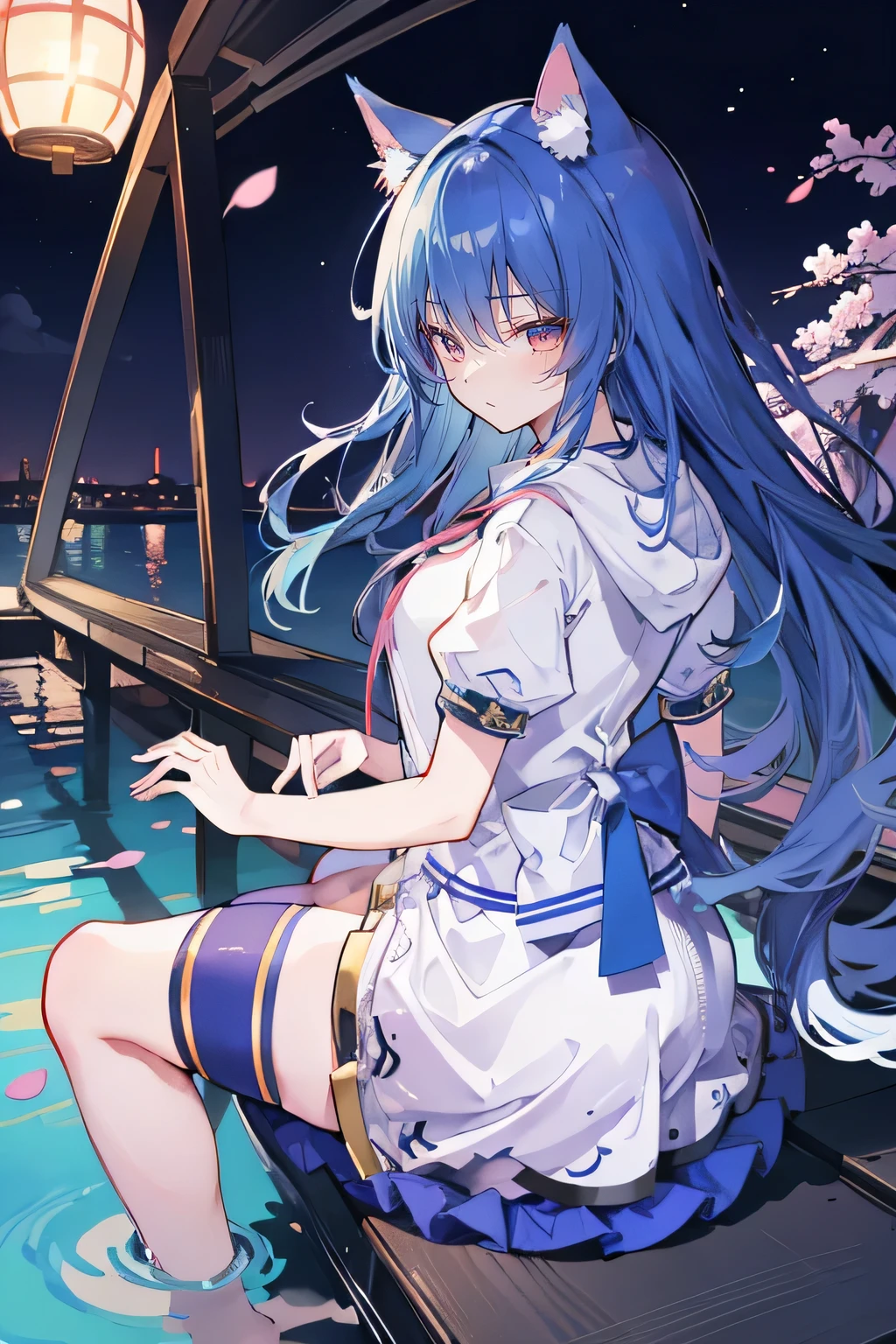 (masterpiece:1.2),Super detailed,lifelike,Expressive eyes,fair skin,perfect face shape,1 girl,
Japanese comics,Gorgeous blue hair,flowing blue hair,flowing clothes,Cat ears,Petals fall,beautiful lola,Baby Angel,
Shaking head with one hand,Cross your legs,Gentle and peaceful background,The pavilion is cool and comfortable,smile, wearing hoodie, background of tokyo,back views, winter,lie on the water。