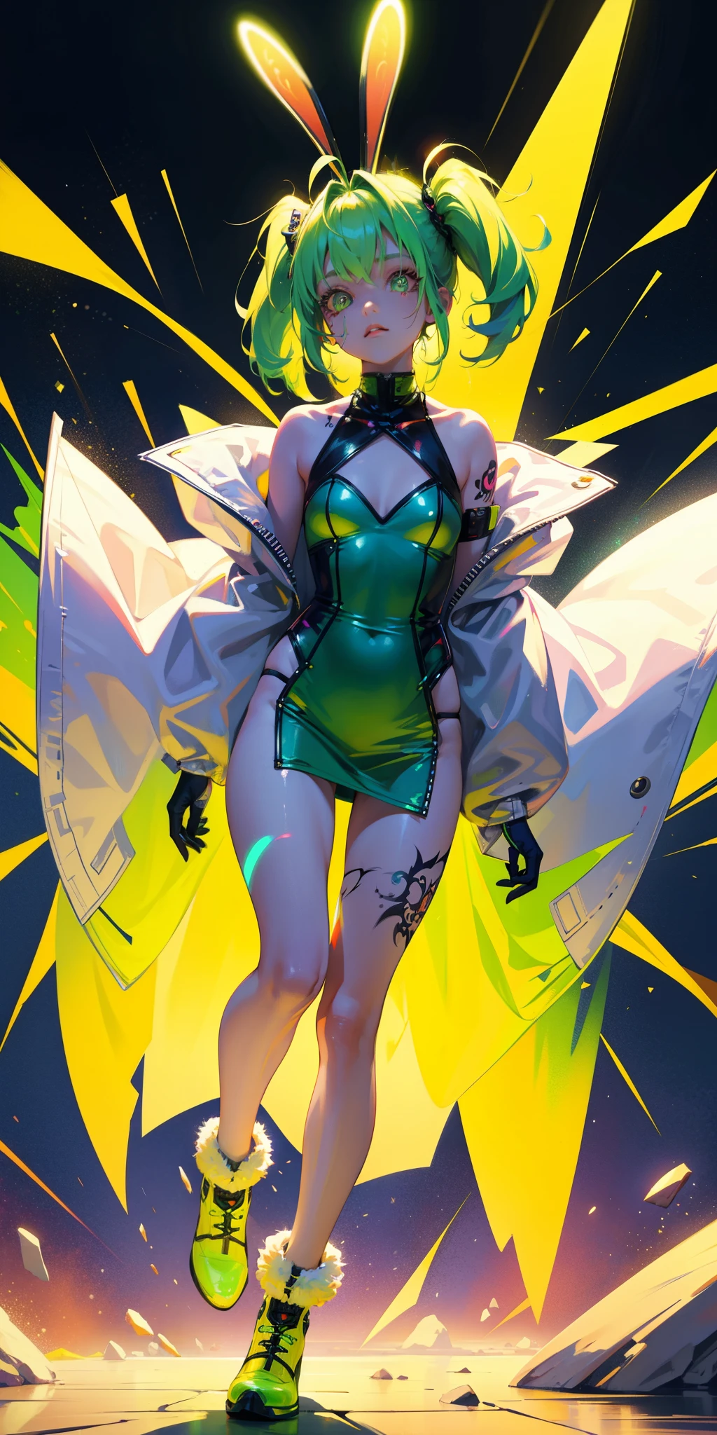Rabbit technique , Science Fiction, Fluffy ,
1 girl, Tattoo, Glowing tattoo, Glowing eyes, Colorful glowing hair , Full body love, Green Hair,
Kawaiitech, Soft colors, Kawaii, Lovely colors,