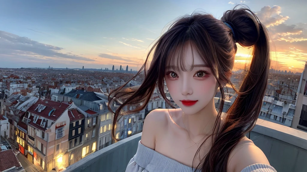 1 beautiful sweet girl,fluffy off shoulder crop top. fish eye, selfie, wind, straight long hair, high ponytail, sunset, city scape, (Aesthetics and atmosphere:1.2),Detailed, realistic faces