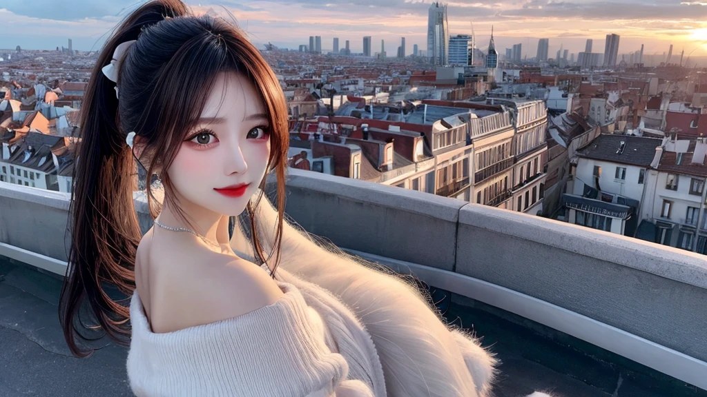 1 beautiful sweet girl,fluffy off shoulder crop top. fish eye, selfie, wind, straight long hair, high ponytail, sunset, city scape, (Aesthetics and atmosphere:1.2),Detailed, realistic faces